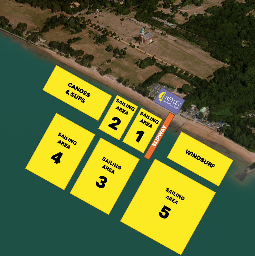 Map of Youth Week sailing areas showing zones 1-5, Canoe / SUP and Windsurf areas around Netley Sailing Club.
